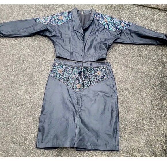 Vintage Real Leather Sequin Beaded Jacket Skirt Set Women XL Biker Western Disco - Picture 5 of 16